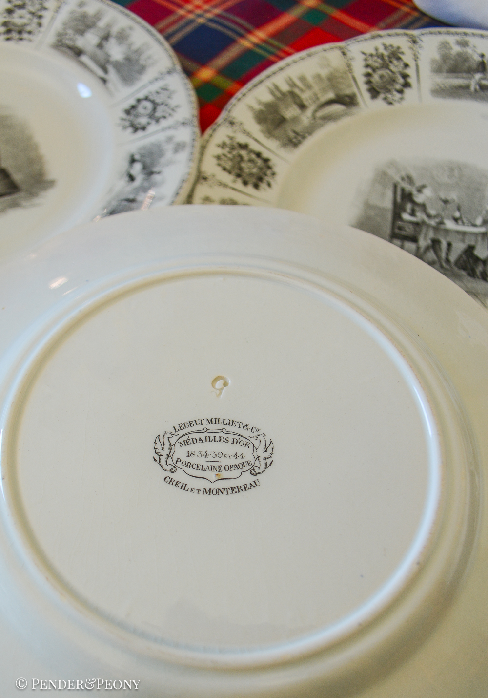 Creil et Montereau LeBeuf Milliet Courting Plates, Black Transferware