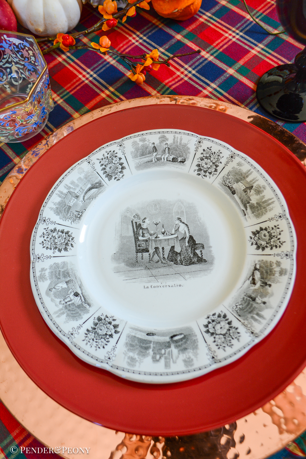 Creil et Montereau LeBeuf Milliet Courting Plates, Black Transferware