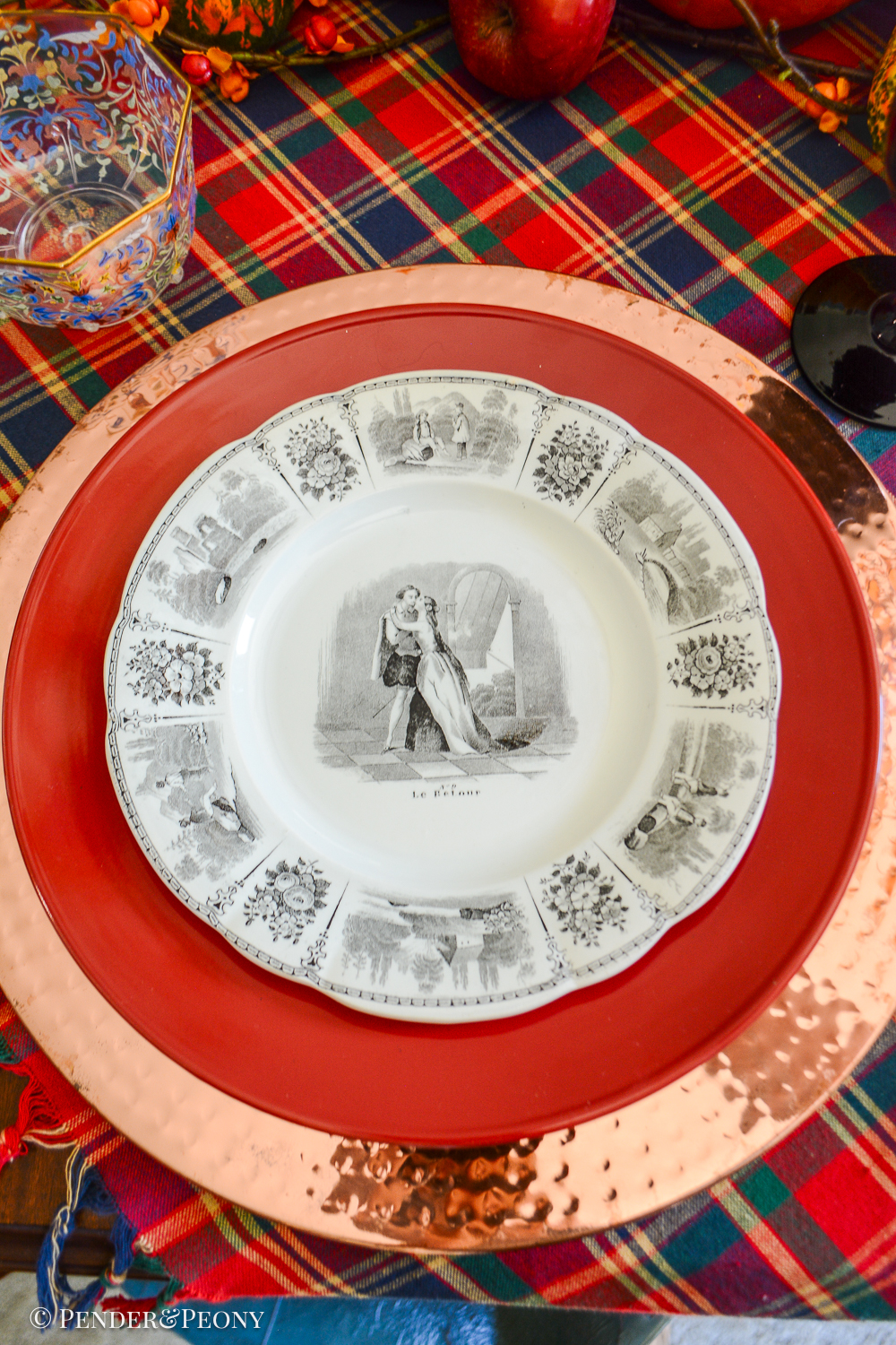 Creil et Montereau LeBeuf Milliet Courting Plates, Black Transferware