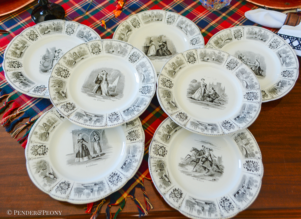 Creil et Montereau LeBeuf Milliet Courting Plates, Black Transferware