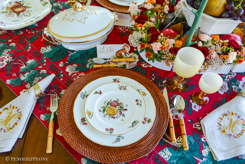 Elegant Thanksgiving tablescape with chintz, fruit, and Royal Worcester Delecta bone china, Murano glass, Limoges, monogrammed linens