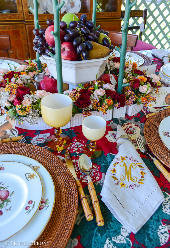 Elegant Thanksgiving tablescape with chintz, fruit, and Royal Worcester Delecta bone china, Murano glass, Limoges, monogrammed linens