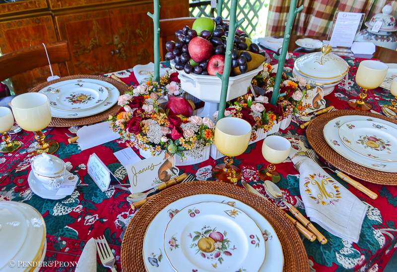 Elegant Thanksgiving table with chintz and fruit