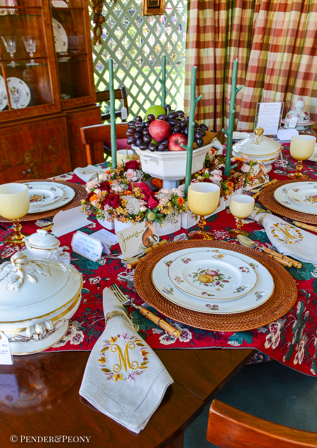 Elegant Thanksgiving tablescape with chintz, fruit, and Royal Worcester Delecta bone china, Murano glass, Limoges, monogrammed linens