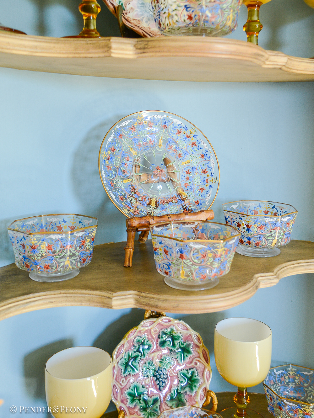 Salviati Moser Venetian enameled glass bowls in colorful foliate design