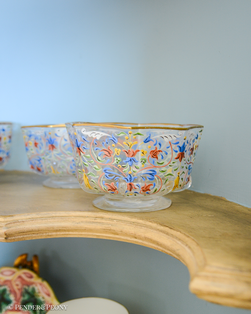 Salviati Moser Venetian enameled glass bowls in colorful foliate design