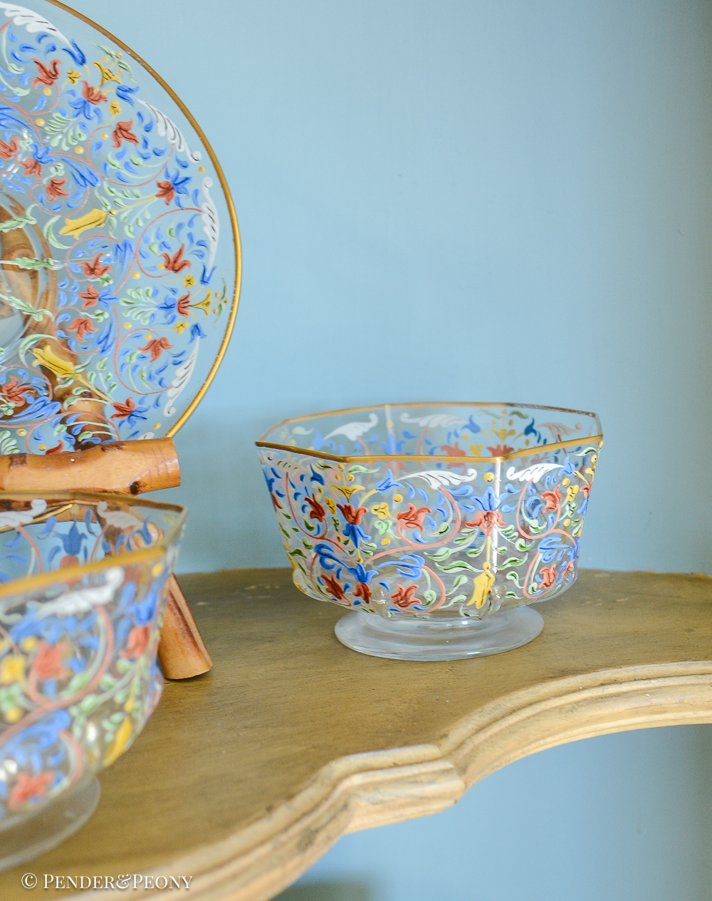 Salviati Moser Venetian enameled glass bowls in colorful foliate design