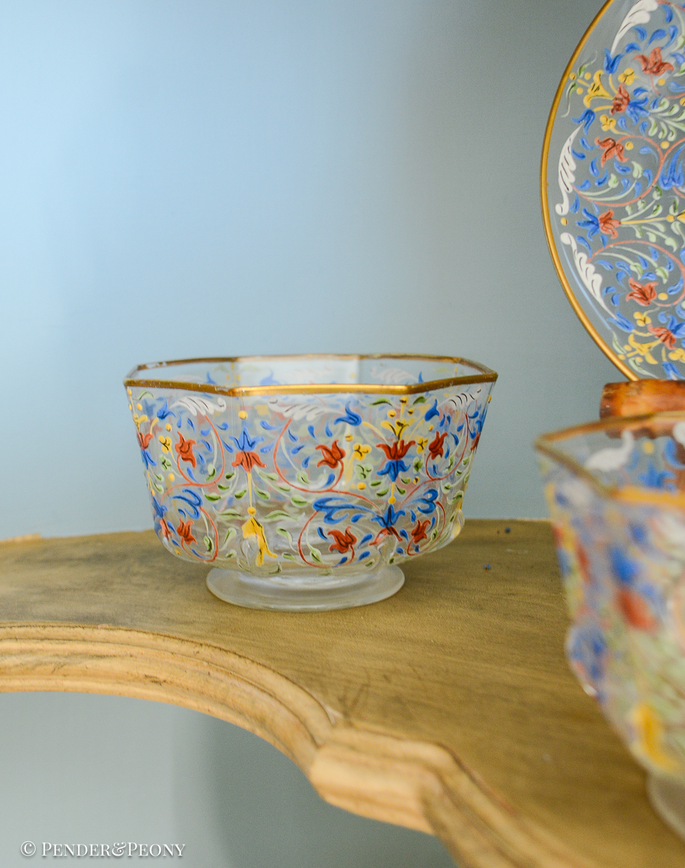 Salviati Moser Venetian enameled glass bowls in colorful foliate design
