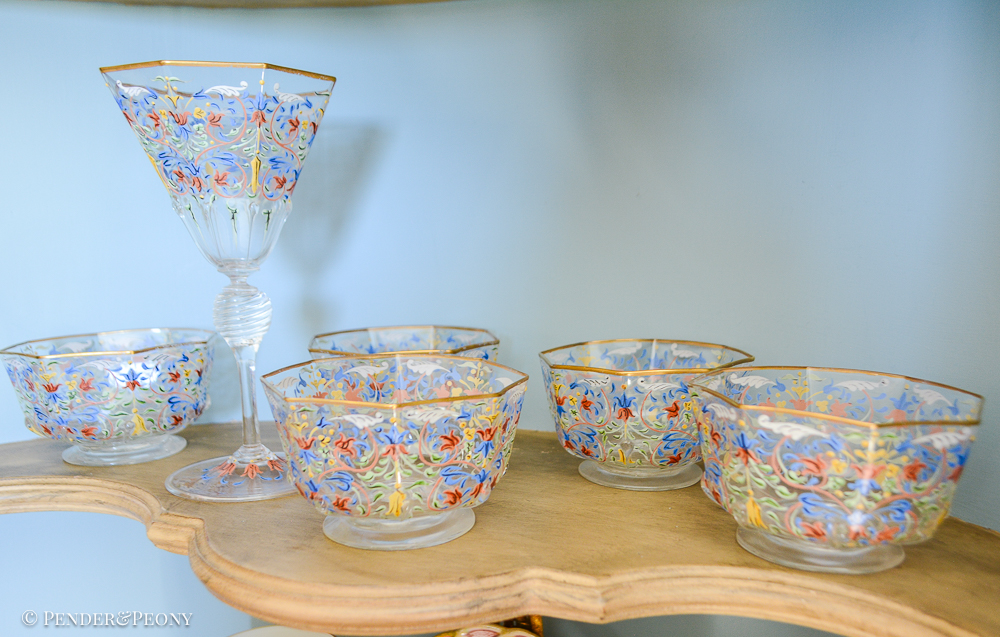 Salviati Moser Venetian enameled glass bowls in colorful foliate design