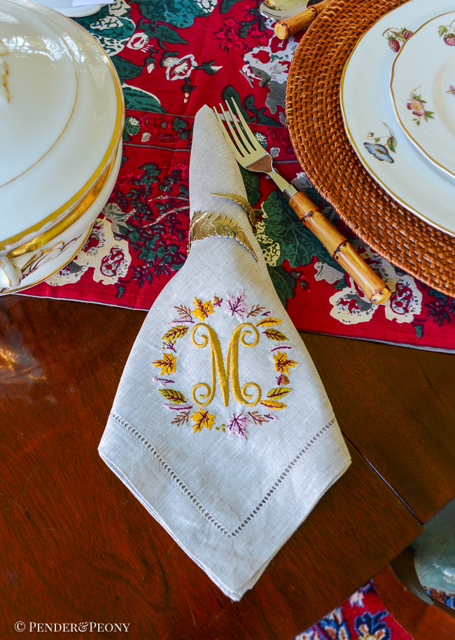 Monogrammed napkins with fall leaves from JKafie Studios on Etsy