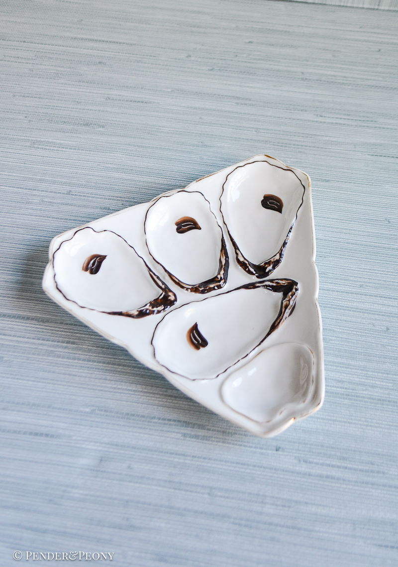 Trompe l'oeil oyster plate. Circa late 1800s, unmarked, probably French. Size: 7.5”L x 6.75”W.