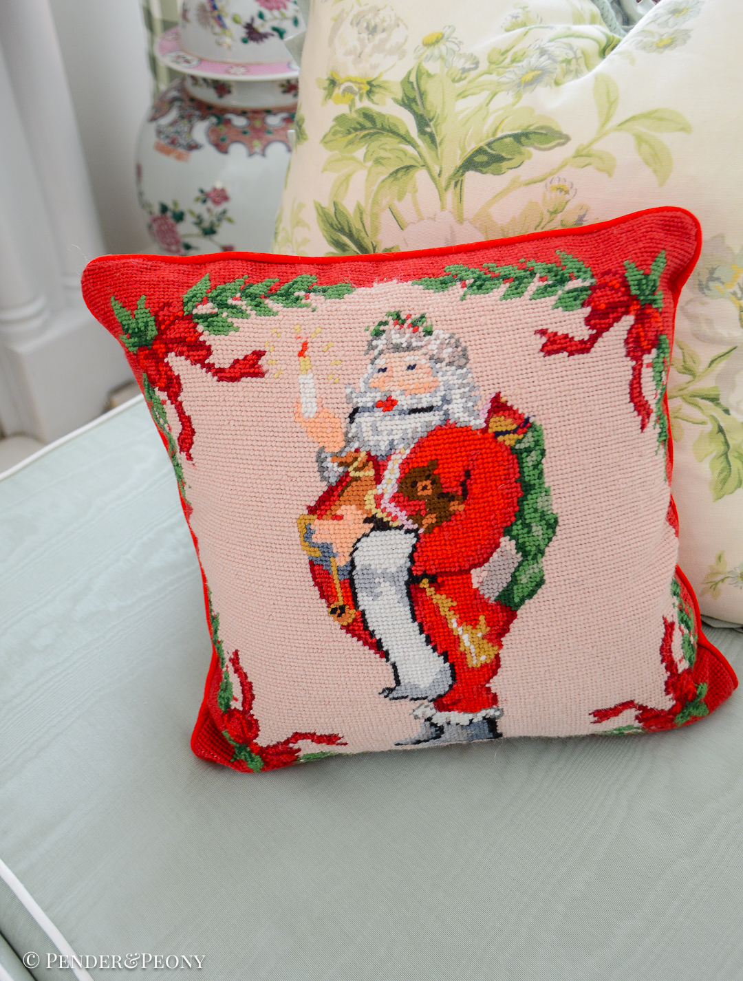 Vintage Santa needlepoint pillow