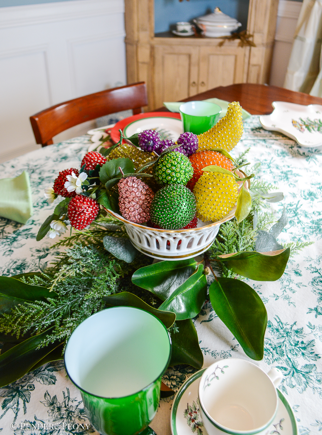 Vintage beaded fruit in Old Paris compote for centerpiece on Christmas tablescape
