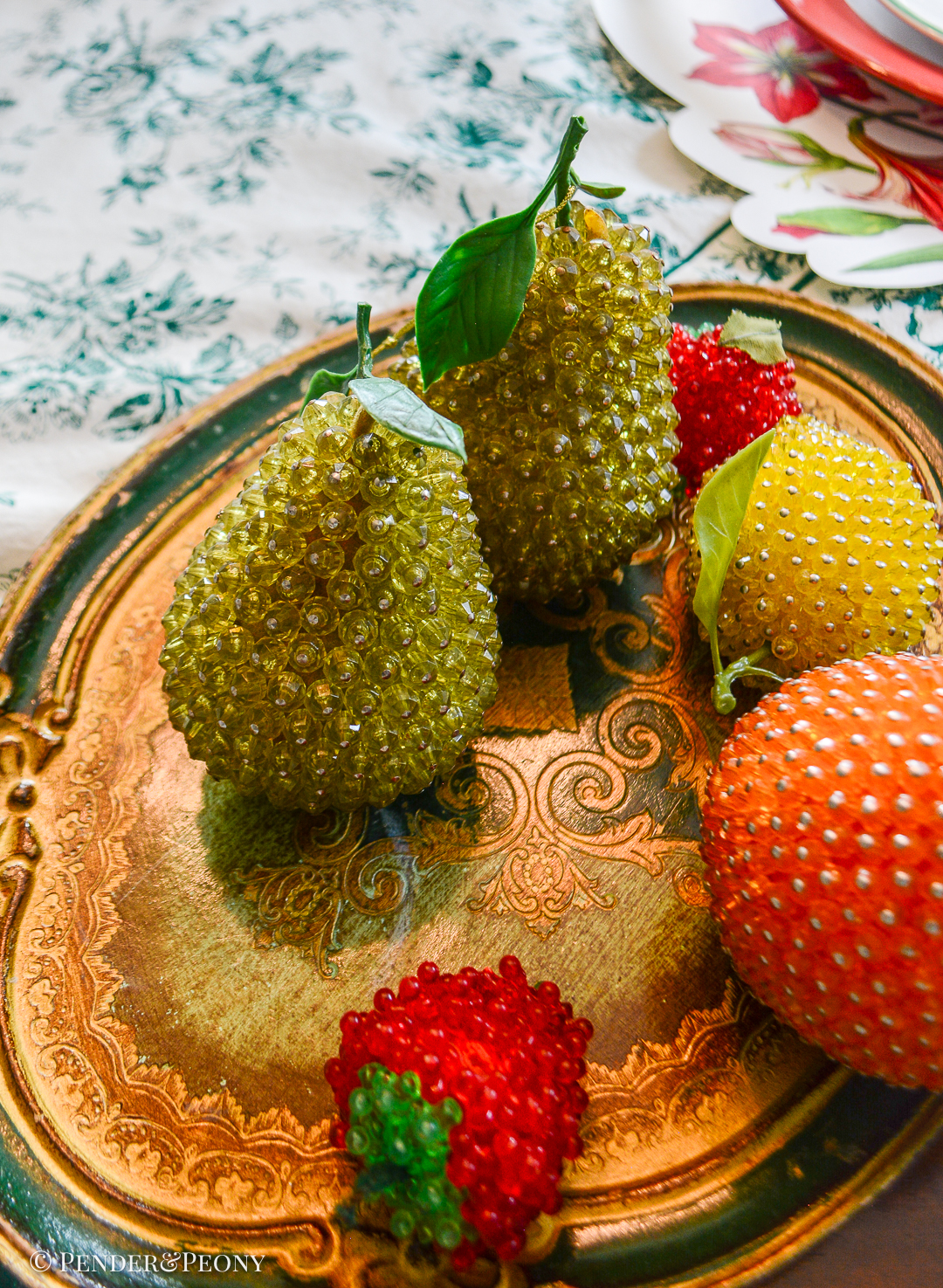 Group of 6 vintage beaded fruit: 2 pears, lemon, 2 strawberries, and an orange