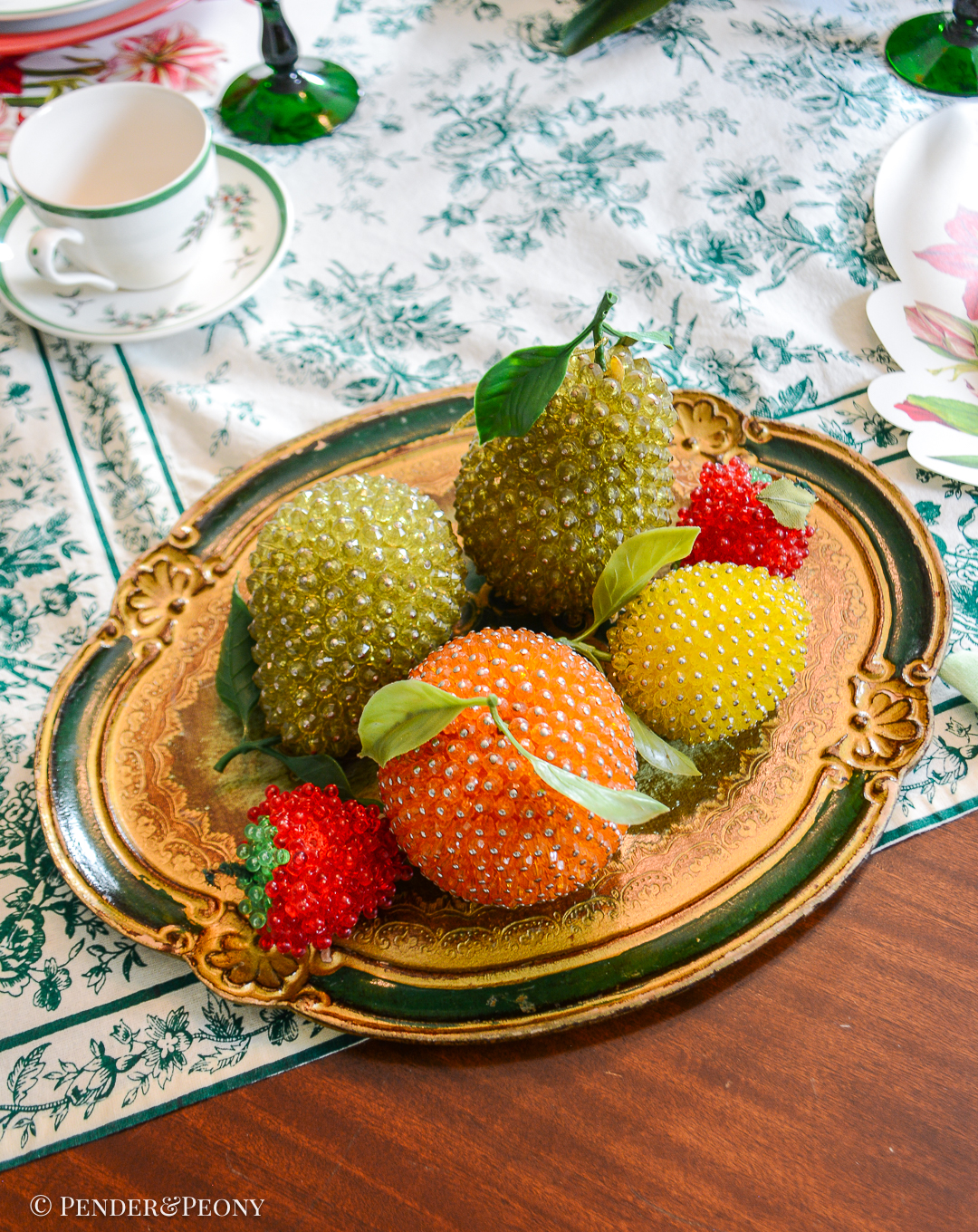 Group of 6 vintage beaded fruit: 2 pears, lemon, 2 strawberries, and an orange