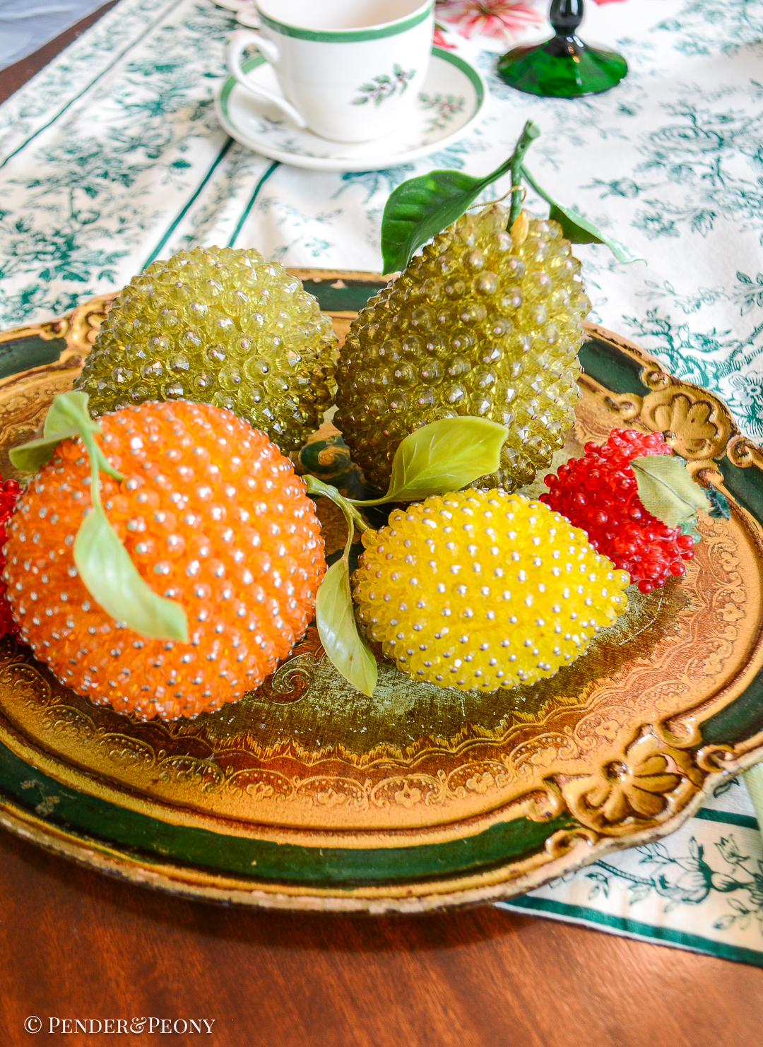 Group of 6 vintage beaded fruit: 2 pears, lemon, 2 strawberries, and an orange