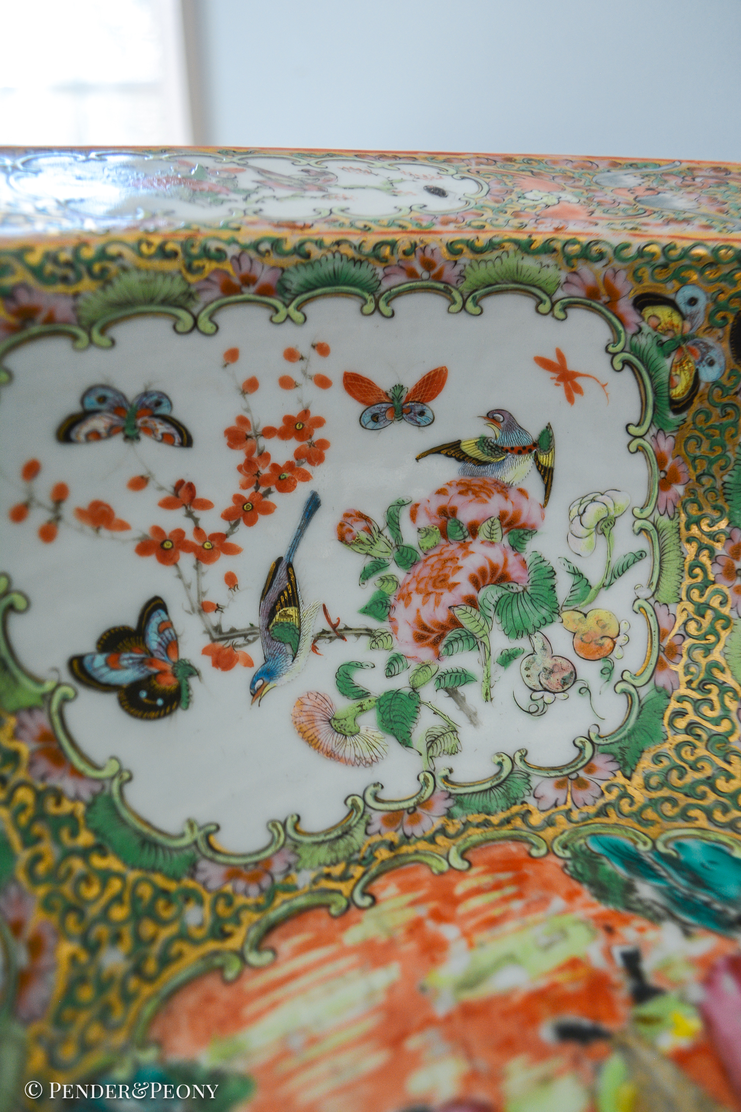 Gorgeous antique Rose Medallion basin bowl with flared rim and central Mandarin style panel in well