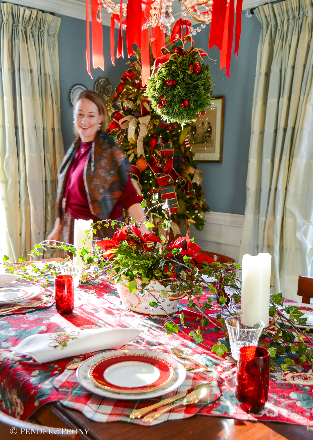 Making Christmas magic with classic Christmas table decor - setting the table in elegant red, green, and white with chintz, Johnson Bros, plaid, and Royal Worcester