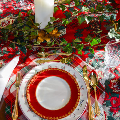 Christmas table setting with Johnson Bros 12 Days of Christmas plates, Royal Worcester salads, French crystal, and plaid placemat