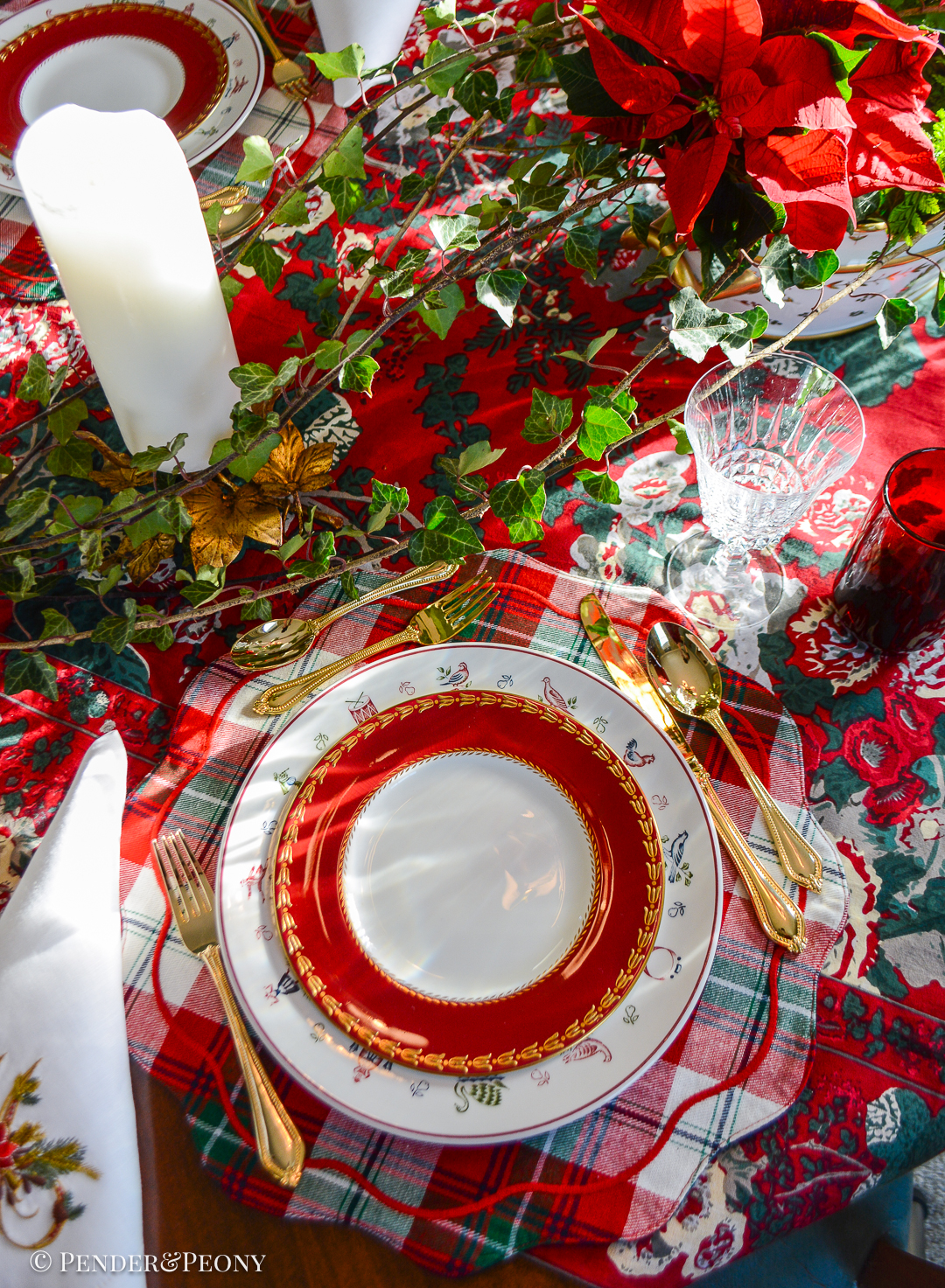 Making Christmas magic with classic Christmas table decor - setting the table in elegant red, green, and white with chintz, Johnson Bros, plaid, and Royal Worcester