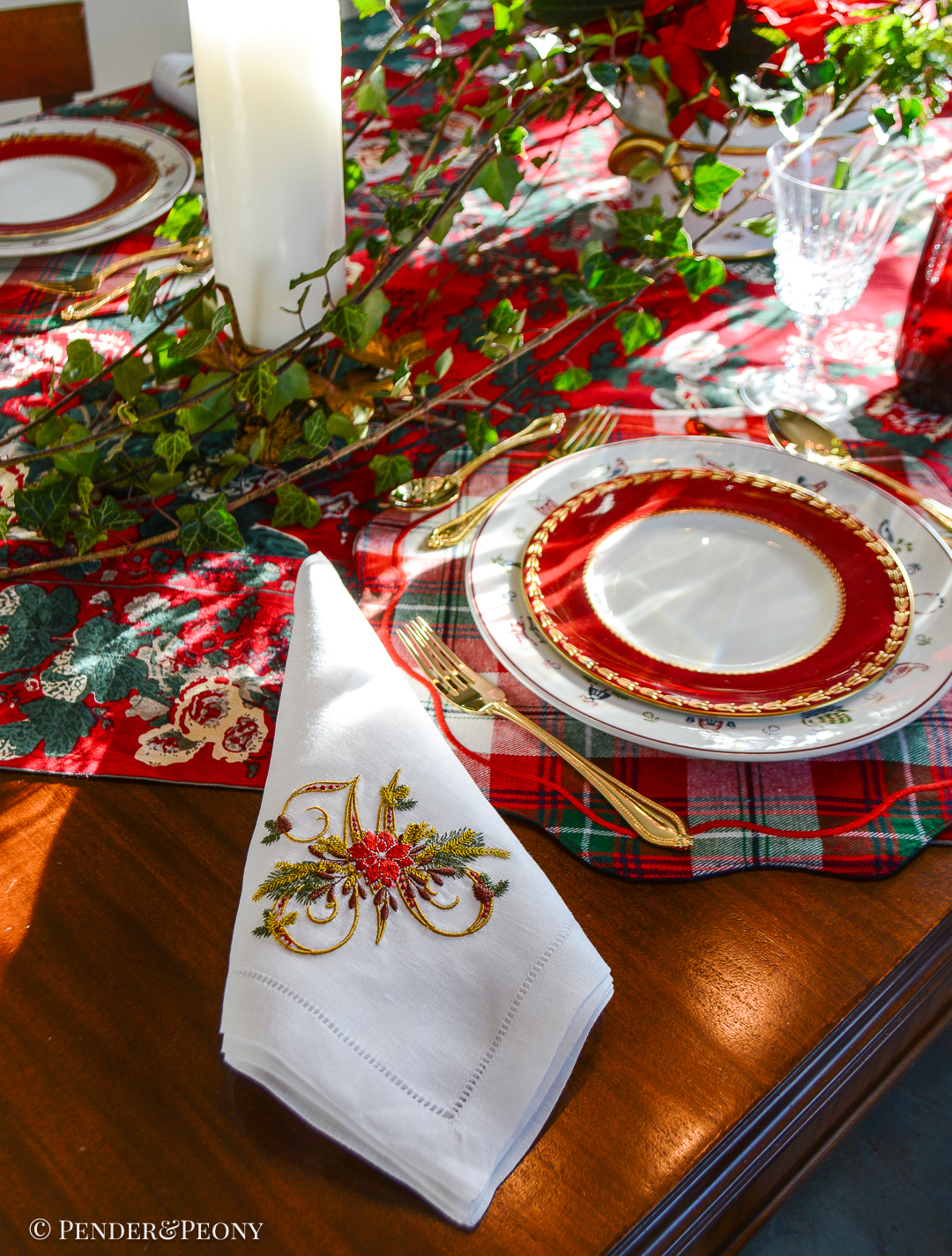 Making Christmas magic with classic Christmas table decor - setting the table in elegant red, green, and white with chintz, Johnson Bros, plaid, and Royal Worcester