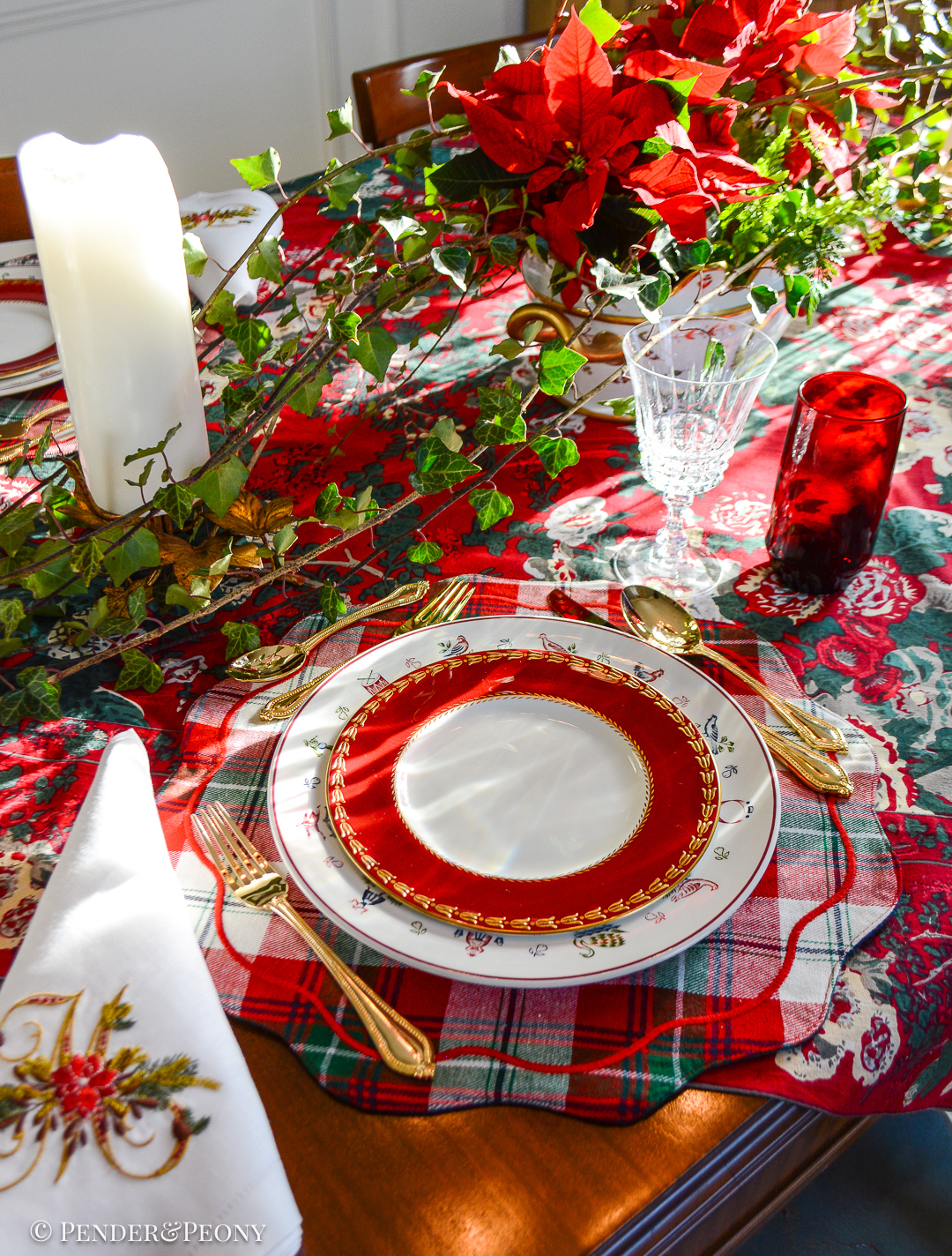 Making Christmas magic with classic Christmas table decor - setting the table in elegant red, green, and white with chintz, Johnson Bros, plaid, and Royal Worcester