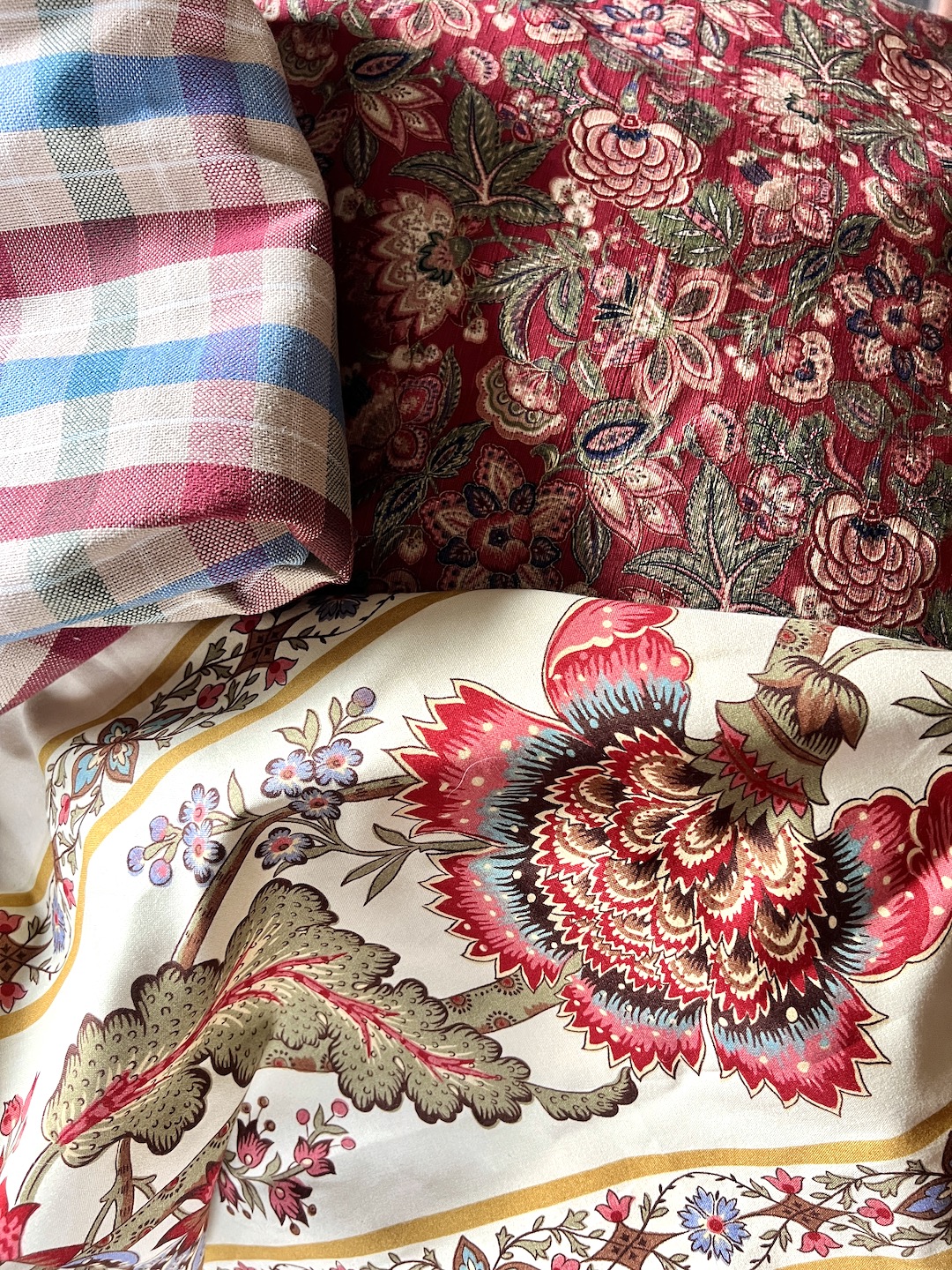 Curtains, plaid, and Agra fabrics for Family Room design