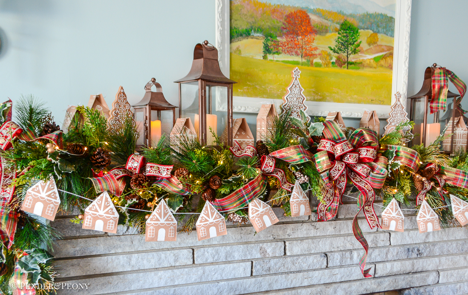 Come explore the fireplace Christmas decorations in our family room where a gingerbread village nestles amongst the holly and pine in this gorgeous garland idea