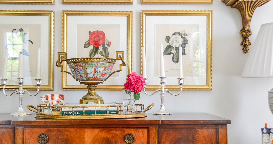 Antique botanicals, Rose Medallion, Staffordshire flatbacks arranged on heirloom sideboard