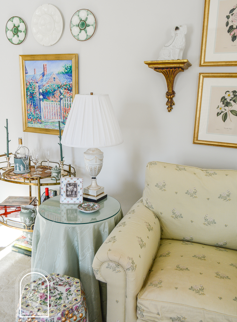 Thoughts on the collected interior - Katherine's collected living room - chair and skirted table with lamp