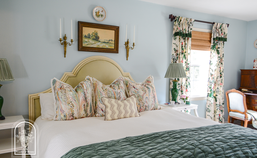 Katherine's green and blue master bedroom reveal with layered elegance, antiques, florals, and patterns.