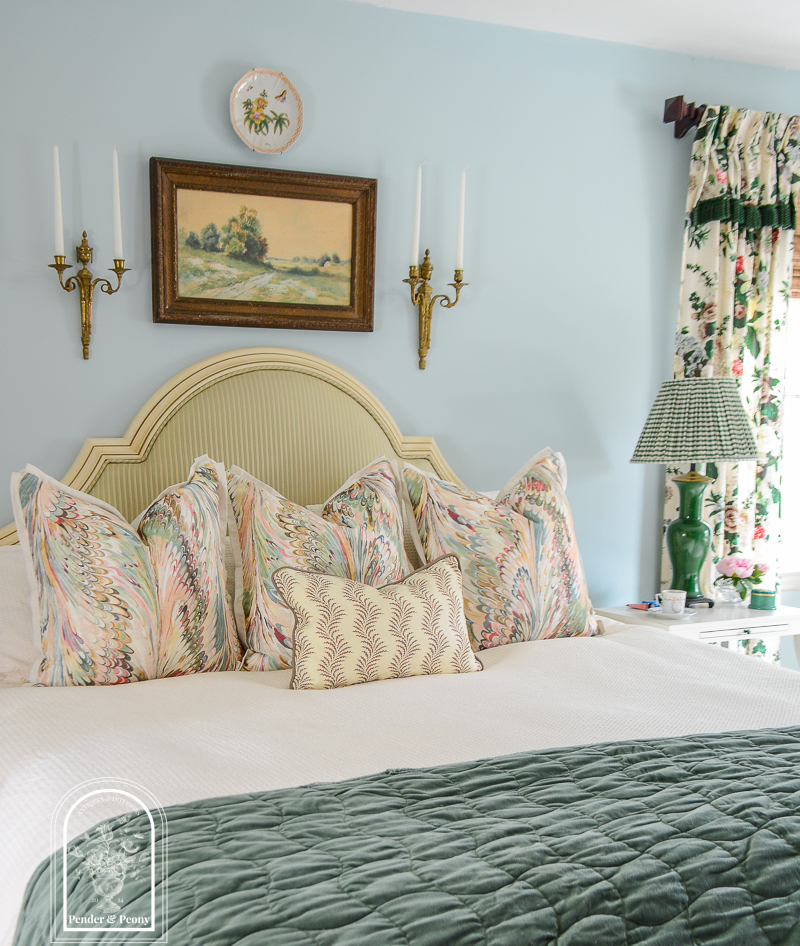 Katherine's green and blue master bedroom reveal with layered elegance, antiques, florals, and patterns.