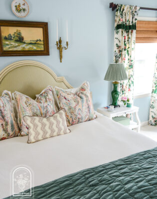 Striped silk headboard, Taplow Shams, Scrolling Fern accent pillow, ivory waffle duvet, green velvet quilt