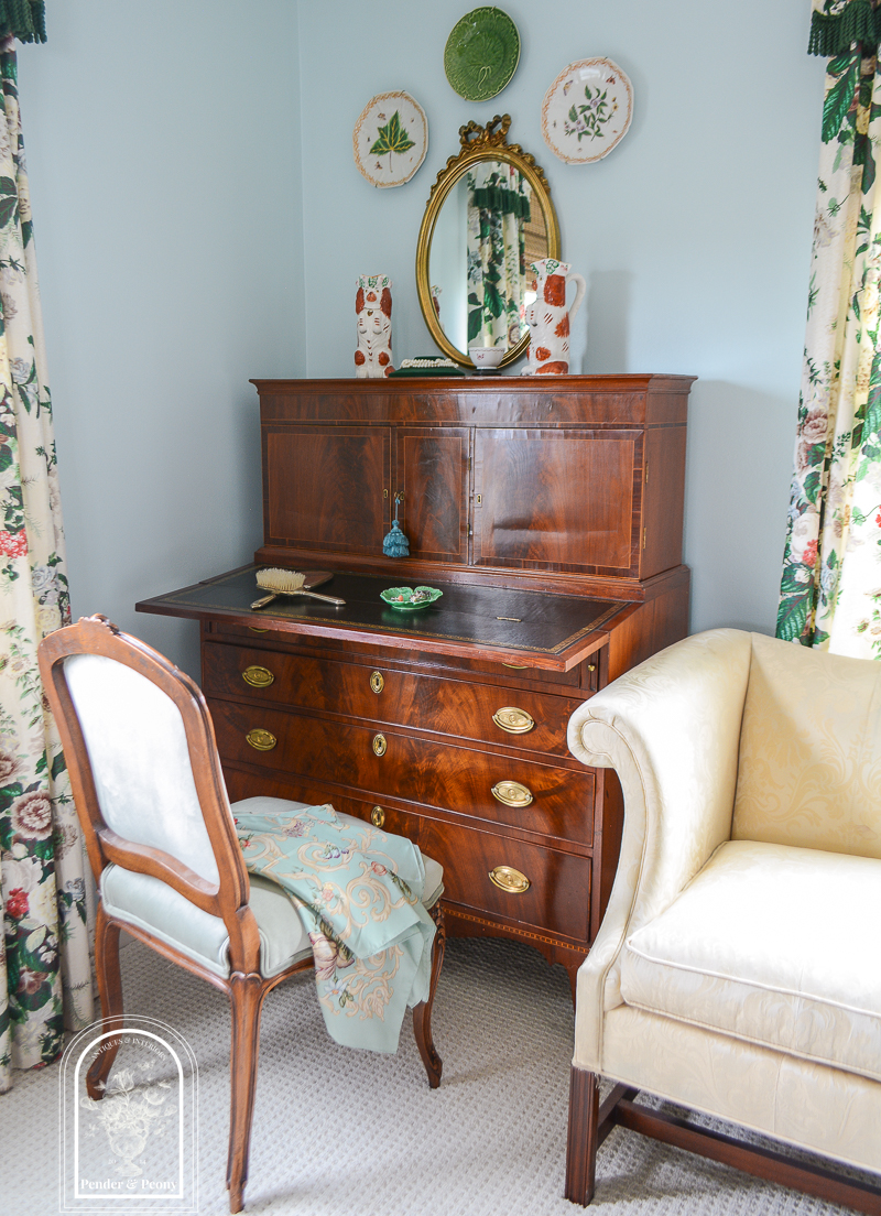 antique desk turned vanity in Katherine's master bedroom