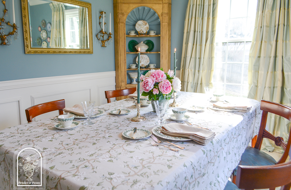 Looking for an elegant spring tablescape? Combine understated floral linens with Wedgwood Queen's Ware and arrange peonies with antique silver and etched glass for a soft romantic look that feels perfect for Easter.