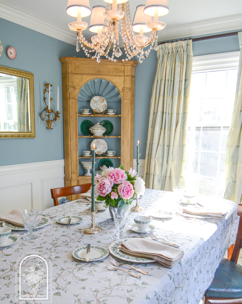Elegant spring table decor with Wedgwood Queen's Ware, peonies, silver, and floral linens