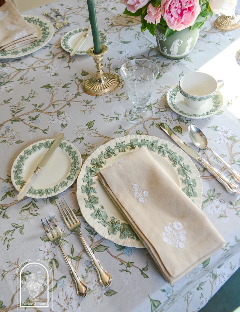 Spring table decor featuring Wedgwood Queen's Ware embossed celadon on cream