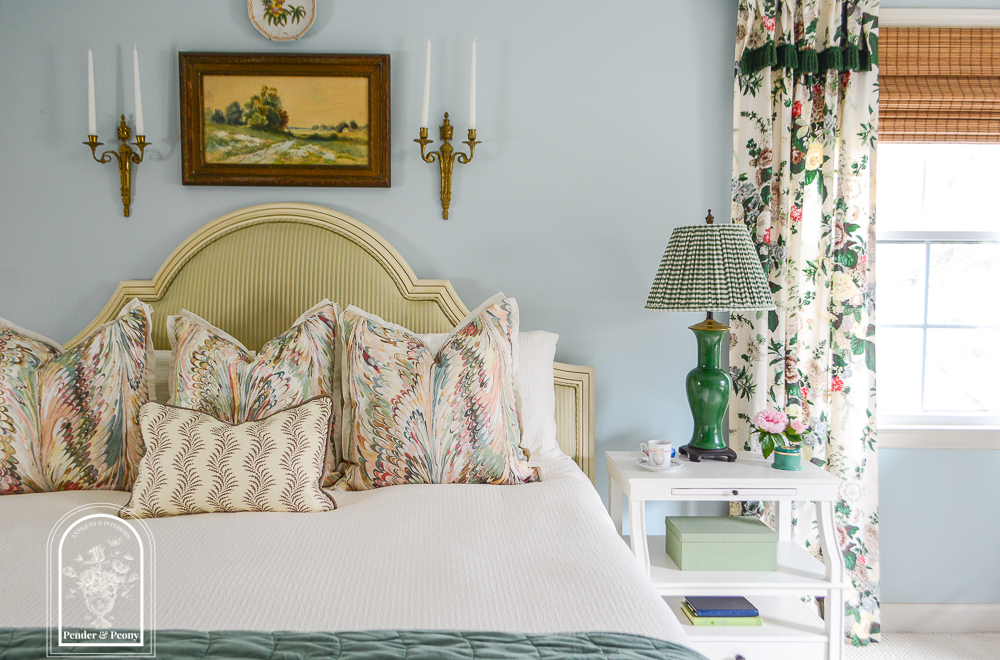 Katherine's green and blue master bedroom reveal with layered elegance, antiques, florals, and patterns.