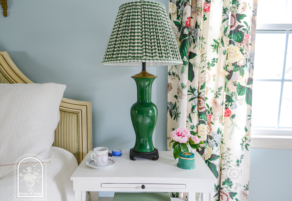 Dark green Chinese lamps with green and white gingham shade