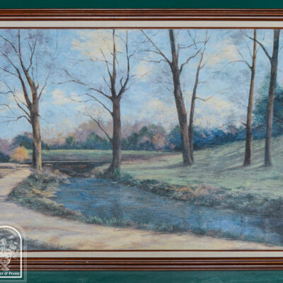 Painting of river or stream in early spring with trees starting to bud