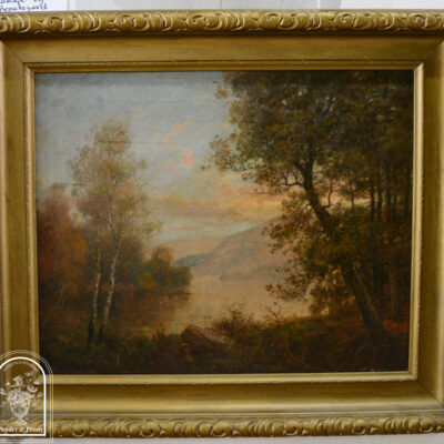 Hudson River School landscape painting with lake or river and mountains in the distance