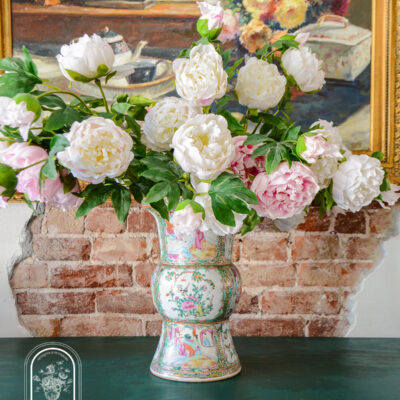 Antique Rose Medallion Gu Vase filled with peonies
