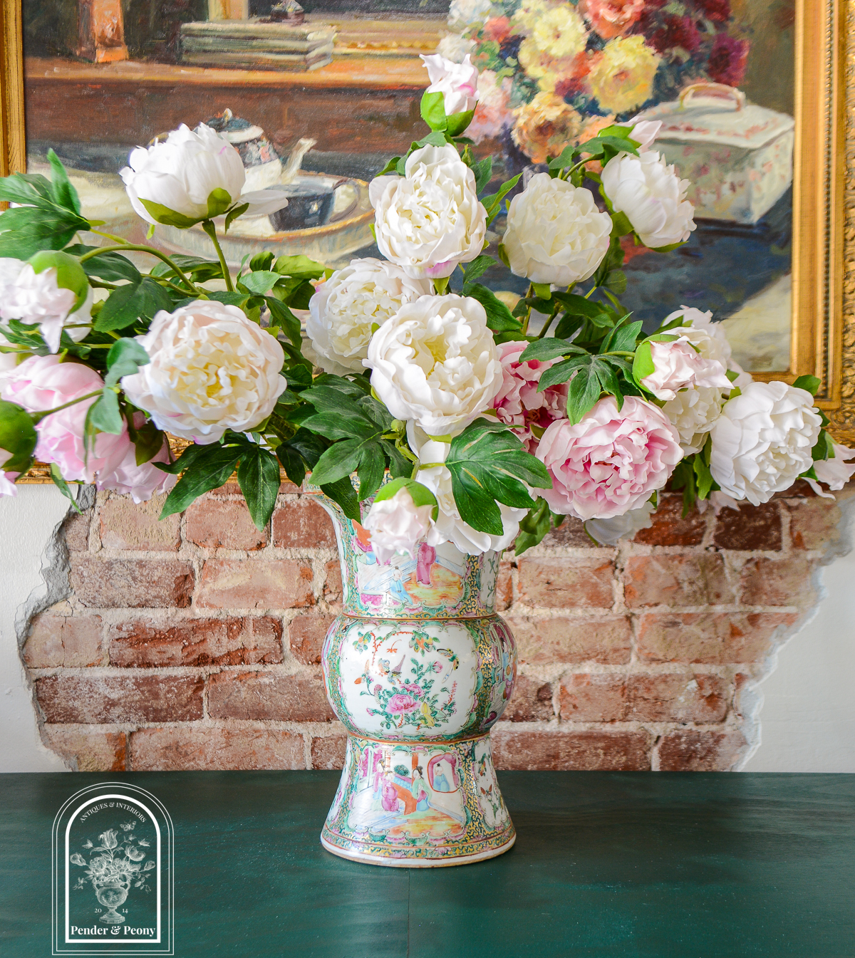 Antique Rose Medallion Gu Vase filled with peonies