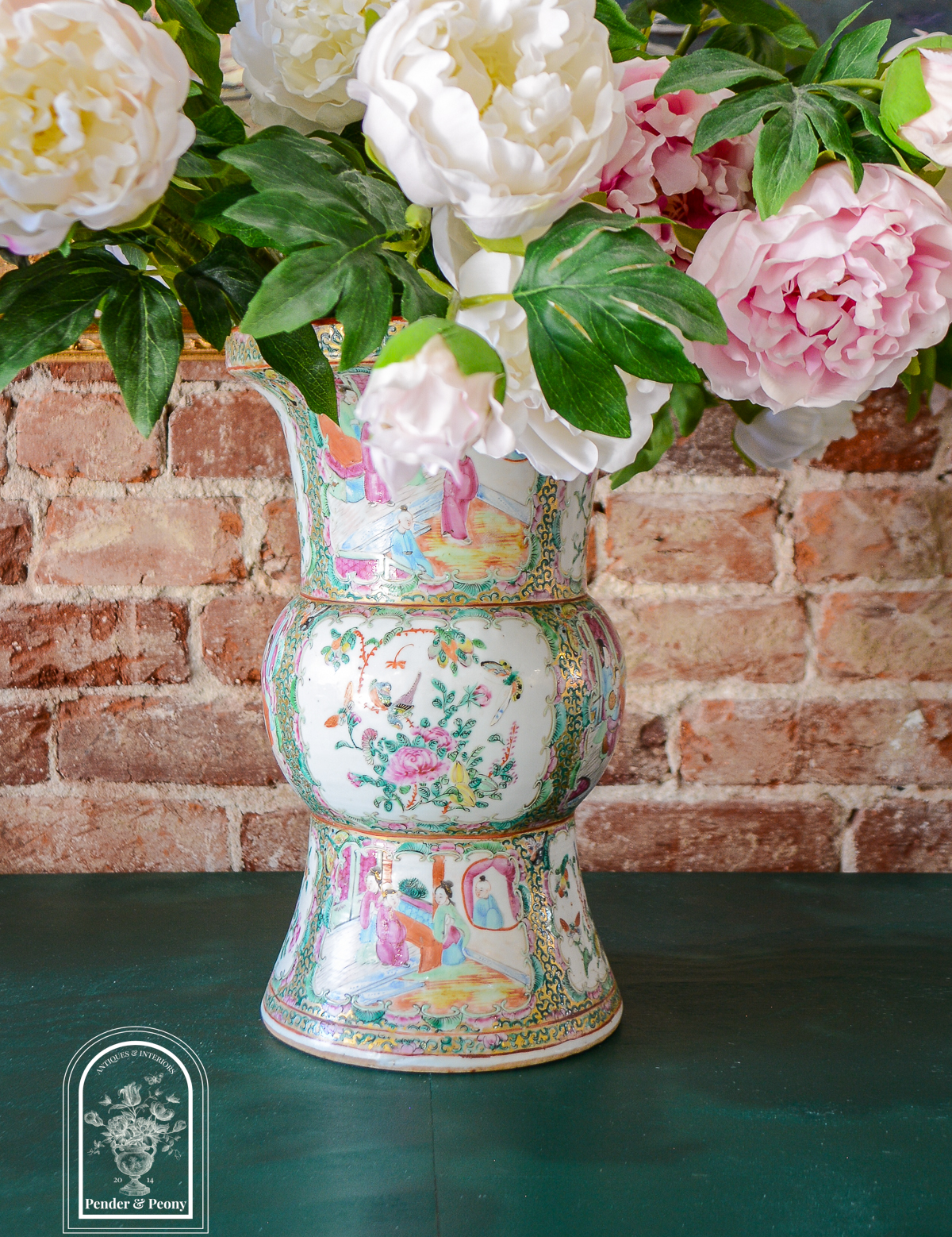 Antique Rose Medallion Gu Vase filled with peonies