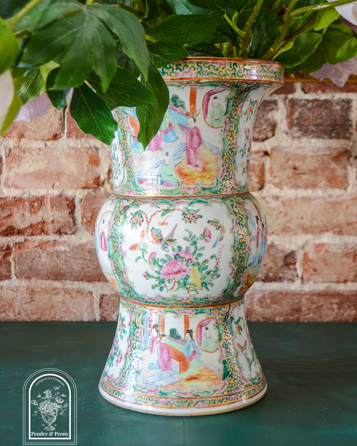 Antique Rose Medallion Gu Vase filled with peonies