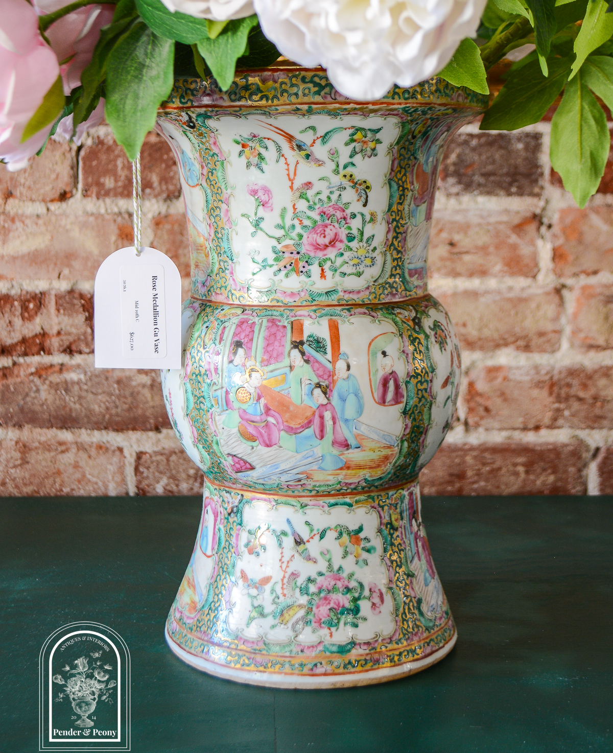 Antique Rose Medallion Gu Vase filled with peonies