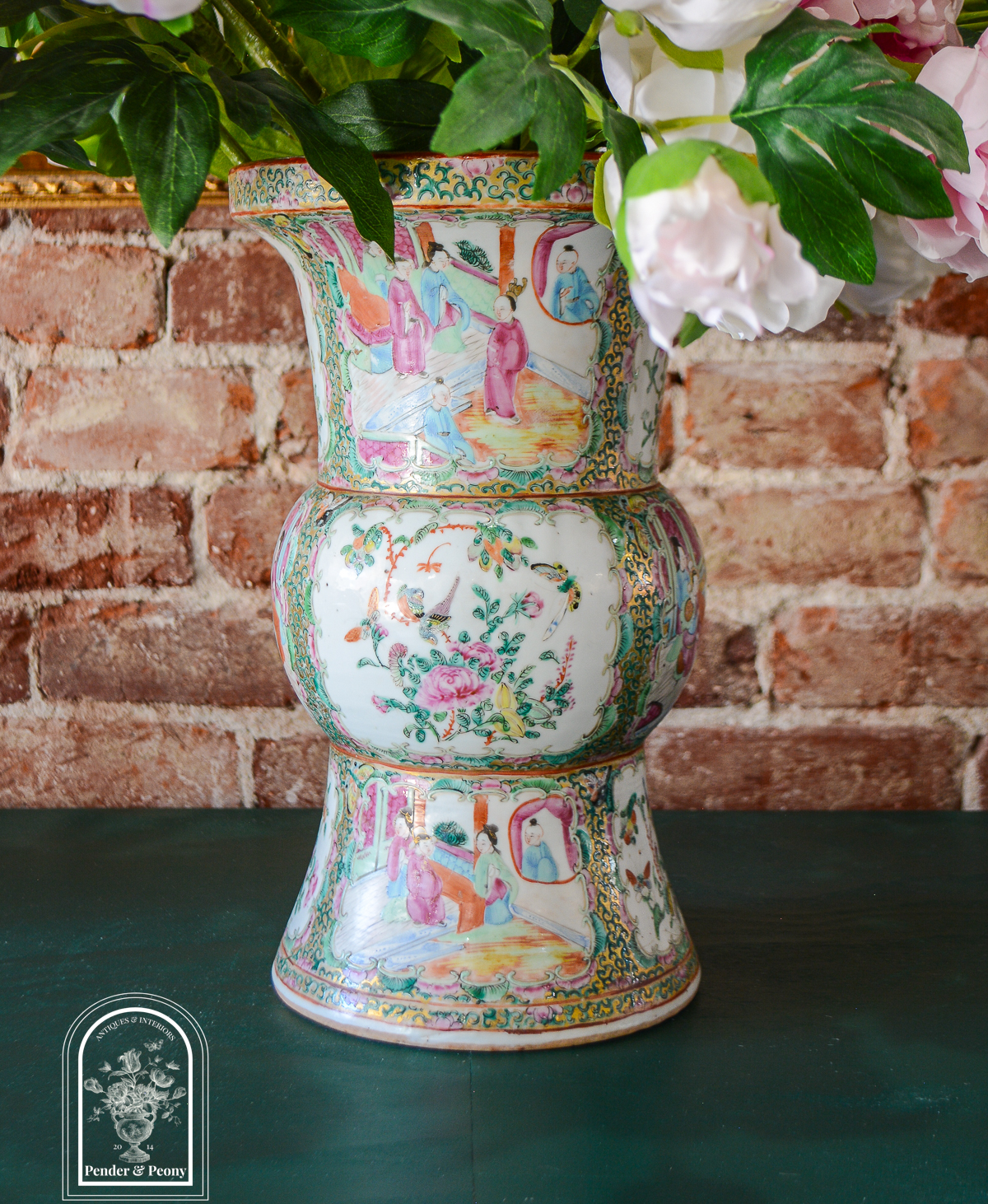 Antique Rose Medallion Gu Vase filled with peonies