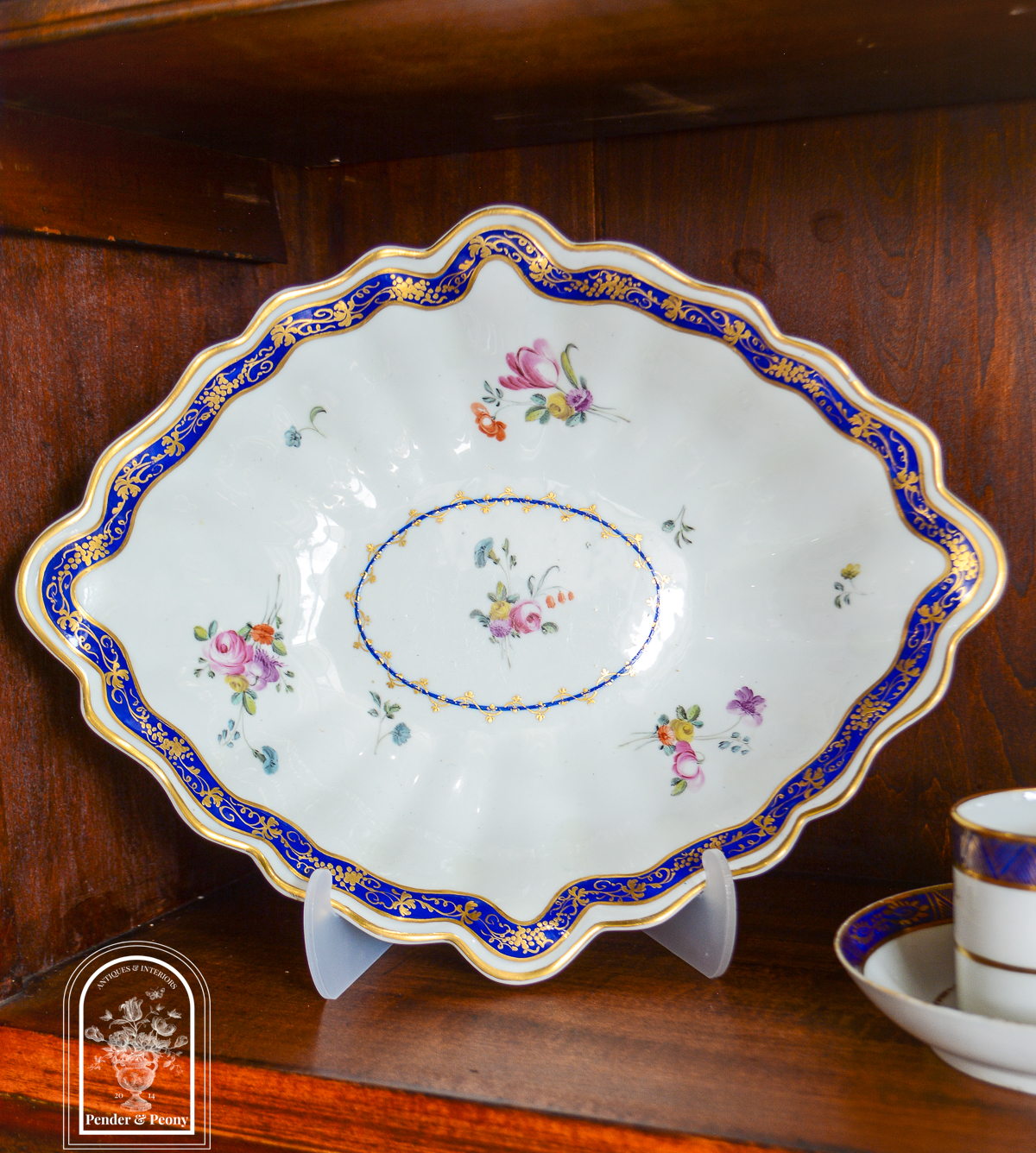 Circa 1775 Chelsea Derby Lozenge Dish with Cobalt Rim
