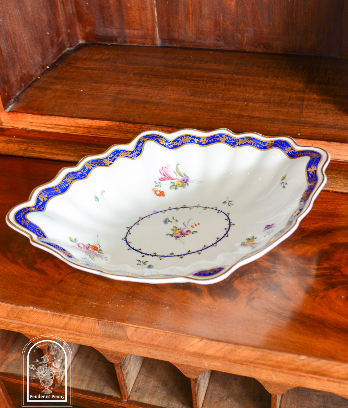 Circa 1775 Chelsea Derby Lozenge Dish with Cobalt Rim