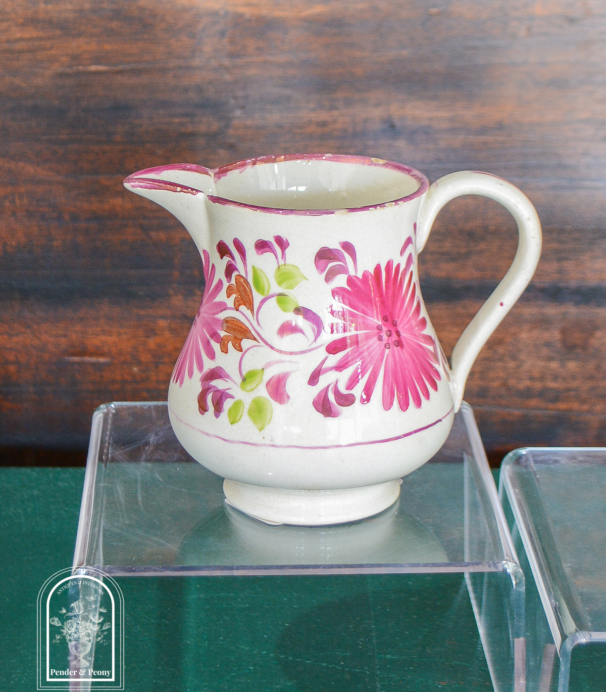 Copper lustre jug with pink florals